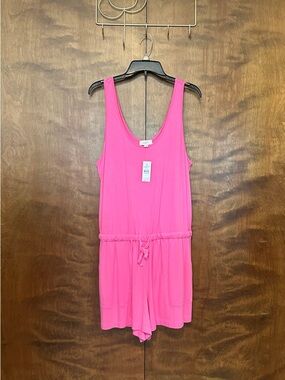 Loft Oulet Sleeveless Drawstring Waist Romper Womens L Pink Knit Pull On Pockets